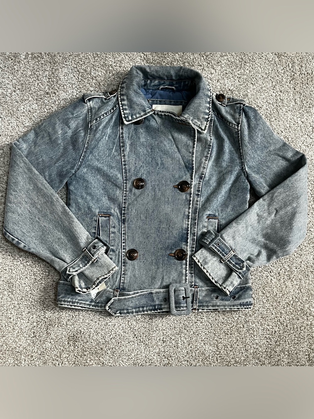 Madden Girl Belted Light Wash Denim Double-Breasted Jacket Junior Size XS